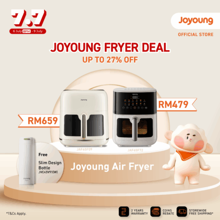 Exclusive Bundle Promo (Joyoung 360° 3D Dual Heating Circulation 6.5L Air Fryer JAF-65F09 & Joyoung Minimalist 304 Stainless Steel Vacuum Bottle 450ml – White)
